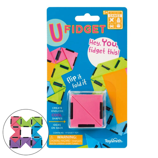 Ufidget fidget toy packaging with colorful shapes on a blue background