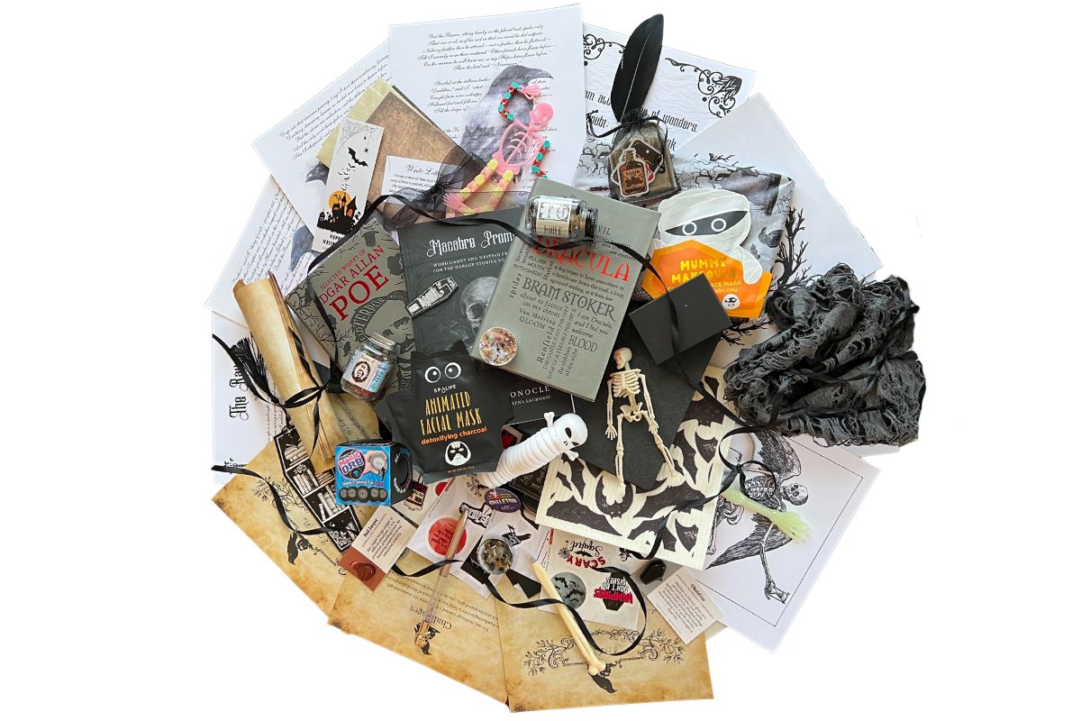 circle of stuff included. books, prints, fidgets, pens, stickers, journal, face mask, feather pen and more