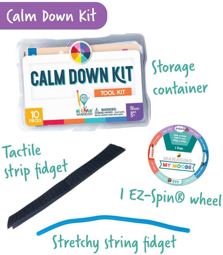 Calm Down Kit with storage container, fidget strip, EZ-Spin wheel, and stretchy string on a white background.