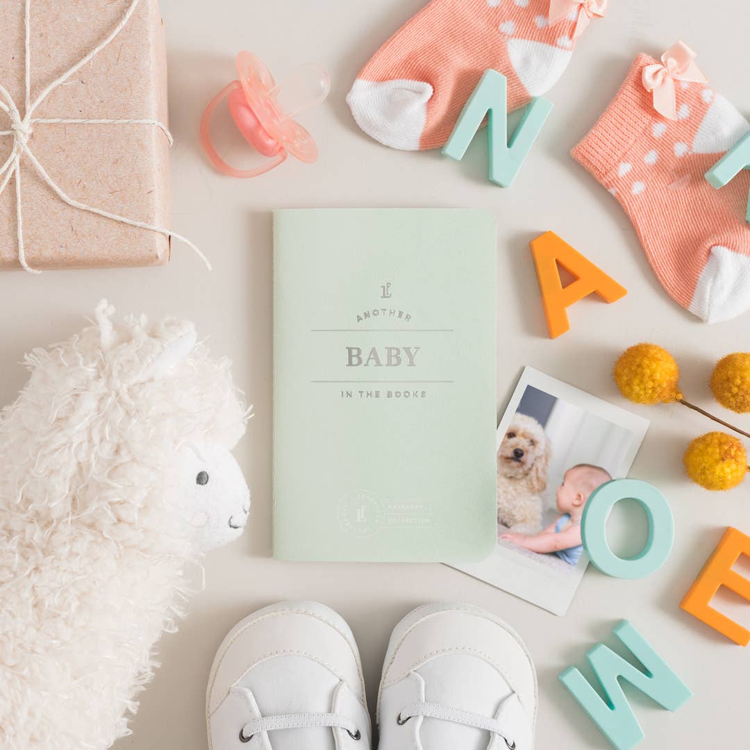 Baby-themed items around a baby passport including socks, a book, and toys on a light surface