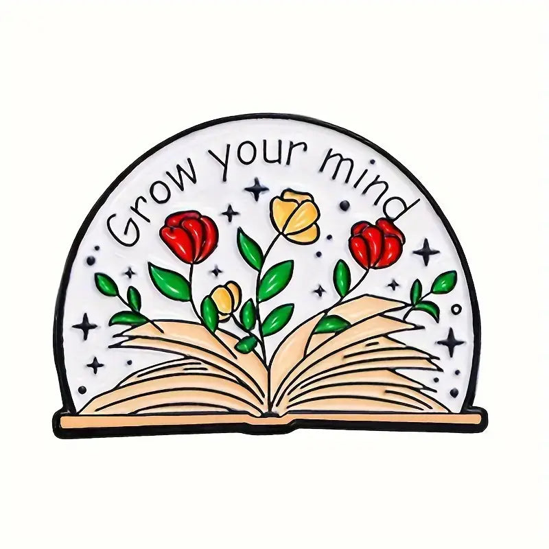 Grow Your Mind Floral Book Enamel Pin – Inspirational Badge